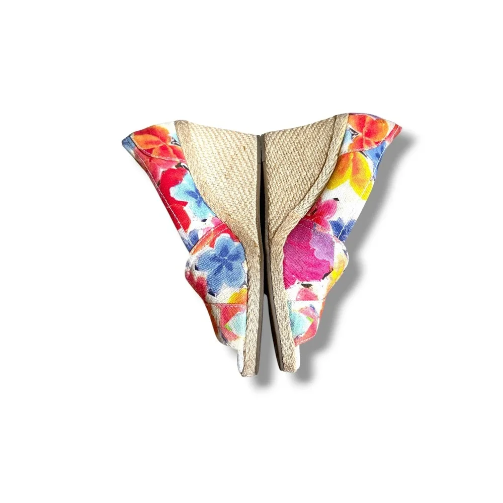TOMS Floral Espadrille Wedge Sandals Womens‎ 8.5 Multicolor Peep Toe Canvas